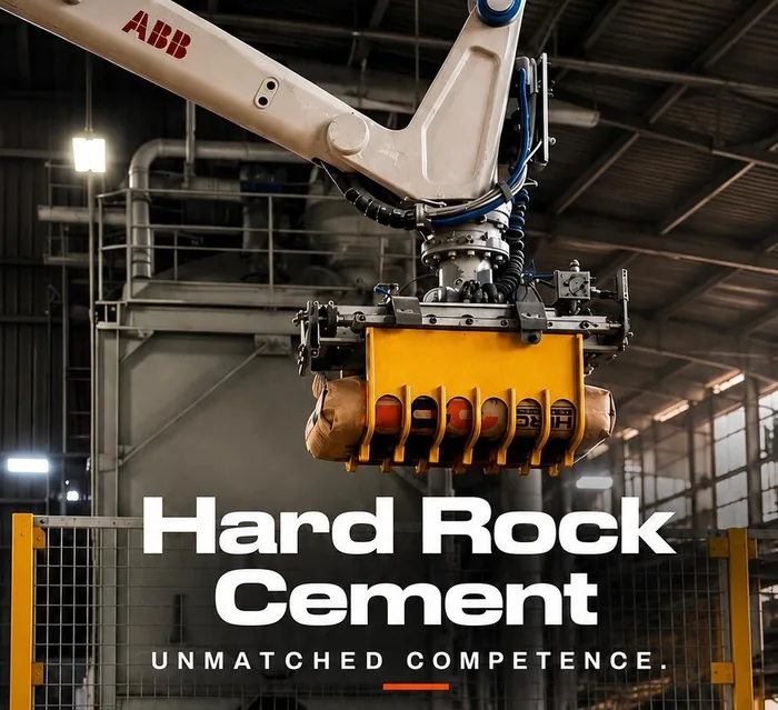 ABB robotic arm lifting a row of cement bags onto a pallet